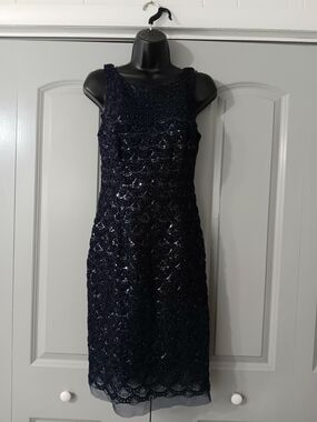 SD Collection Navy Beaded Scallop Lace Sheath Dress